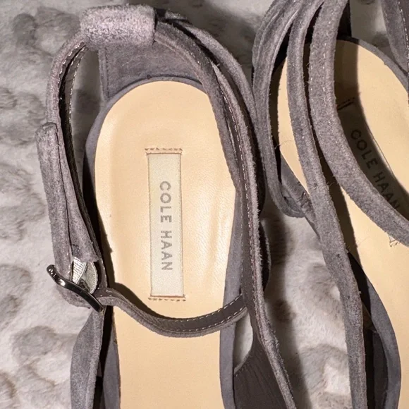 Cole Haan Dove Gray Suede Ankle Strap Heels - Picture 3 of 11